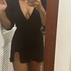 Black V Neck Ruffle Mini Dress